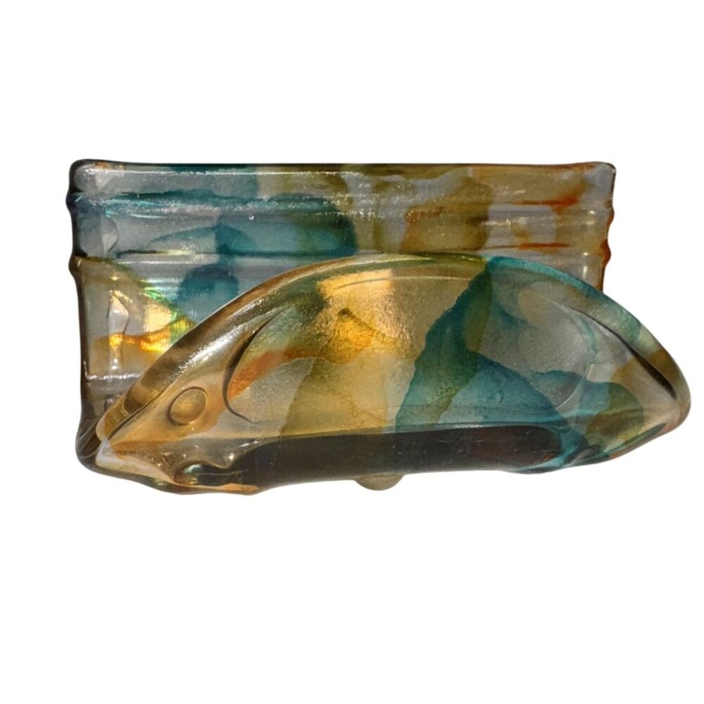 Handmade Fused studio art Glass Business Card Holder Yellow/Blue/Green